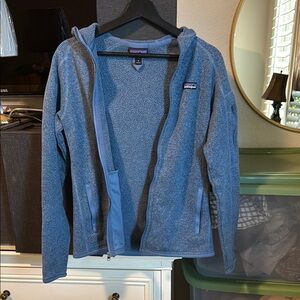 Patagonia blue melange Fleece Pullover perfect weight, soft, hooded w/ pockets.